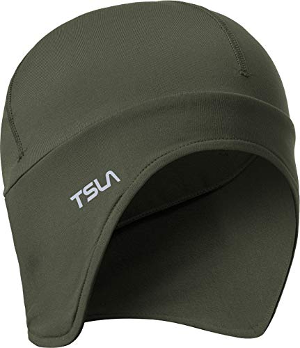 TSLA Men and Women Thermal Fleece Skull Cap, Winter Ski Cycling Under Helmet Liner, Running Beanie Hat - color: Ear Cover Green, size: Medium