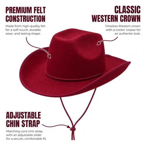 COLLECT PRESENT Plain Felt Cowboy & Cowgirl Hat for Men and Women | Western Studded Cowboy Hat in Adult Sizes - color: Red Wine