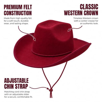COLLECT PRESENT Plain Felt Cowboy & Cowgirl Hat for Men and Women | Western Studded Cowboy Hat in Adult Sizes - color: Red Wine