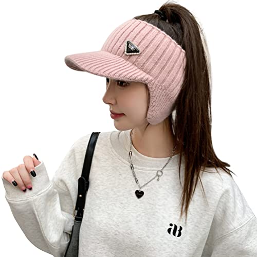 Open Beanie with Earflaps Visor Brim Bun Ponytail Winter Golf Tennis Hats Women - color: Pink