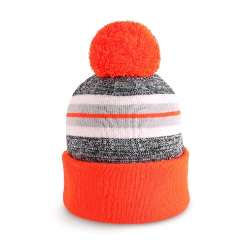 Pom Pom Beanie Cuffed Knit Winter Hat Skull Cap Striped Novelty Men Women - color: (Orange)