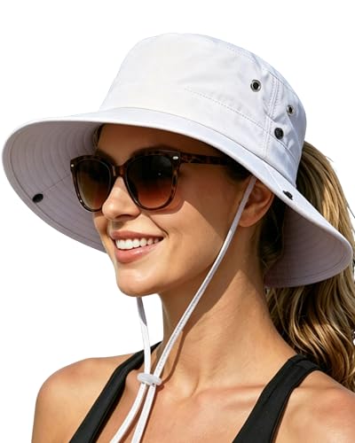 Women Sun Hat with Ponytail Hole Wide Brim Bucket Sun Protection for Summer - color: White