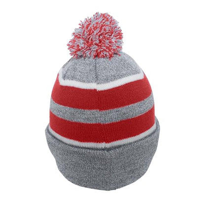 Pacific Headwear Unisex Adult Pacific Headwear Knit Fold Over Pom-pom Beanie - color: Heather/Red/White, size: One Size