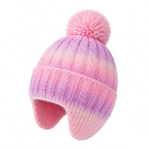 Girls Rainbow Earflap Beanie, Kids Pom Pom Knit Winter Ski Hat Ages 3-8 - color: Pompom - Pink/Purple