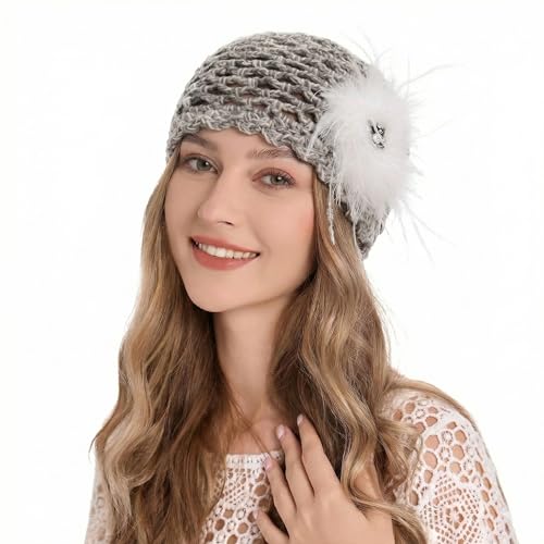 ZLYC Women Crochet Beanie Hat Summer Handmade Knit Decorated Skull Cap - color: Feather White Mixed Gray