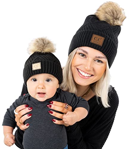 Funky Junque Mommy & Me Pom Pom Beanies Set – Infant Baby & Mom Matching Winter Outfits, Warm Newborn & Women's Beanie Hats - color: Diagonal Basketweave - Black