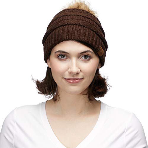 C.C Fur Pom Winter Fall Trendy Chunky Stretchy Cable Knit Beanie Hat - color: Solid Brown