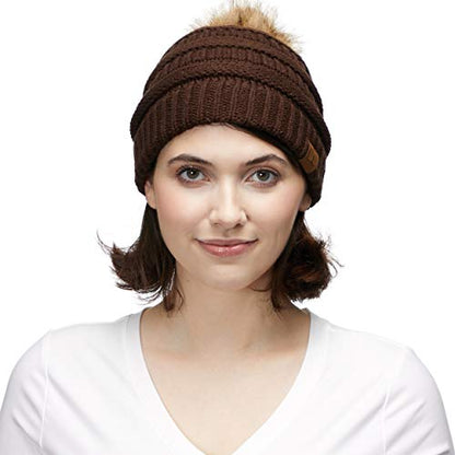 C.C Fur Pom Winter Fall Trendy Chunky Stretchy Cable Knit Beanie Hat - color: Solid Brown