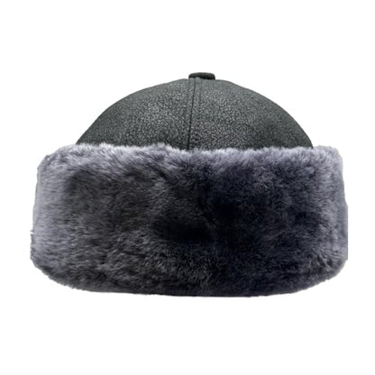 Lukkizara Winter Leather Hat Shearling Sheepskin Fur Beanie Hat - color: Black/Grey, size: XX-Large