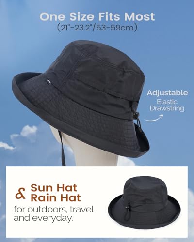Bucket Sun Hat for Women, UPF 50+ Wide Brim, Packable, Waterproof Rain Hat for Hiking Outdoor Travel - color: Black
