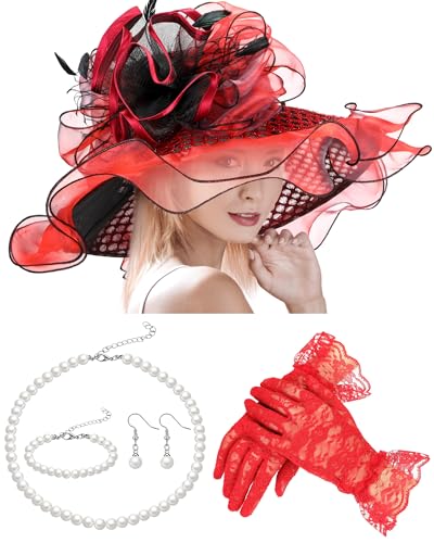 Derby Hat for Women 2026 Wide Brim Organza Sun Church Hat Set Feather Floral Fascinator for Tea Party Wedding Derby - color: Red