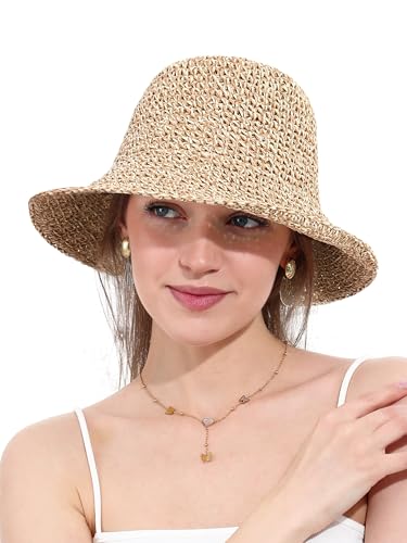 sy soul young Women's Straw Sunhat Wide Brim Hand Woven Beach Bucket Hat - color: Beige & Coffee