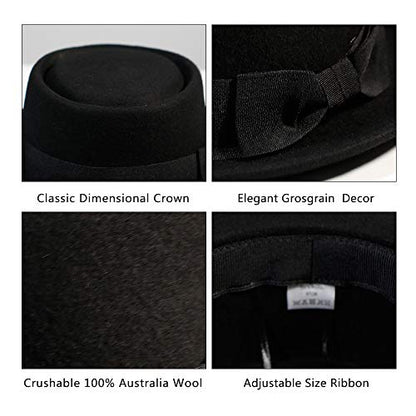 Pork Pie Hat for Men/Women Wool Felt Fedora Boater Porkpie Flat Top Derby Black - size: 라지