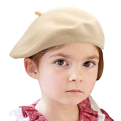 Wheebo Berets for Kids Wool French Beret Hats Artist Painter Hats for Little Girls Boys Solid Color Style - color: Beige