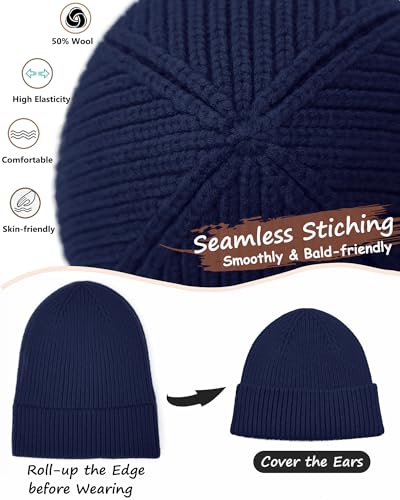 Wool Beanie for Men Women, Seamless Knit Cuffed Warm Winter Hats - color: 1pcs-navy Blue