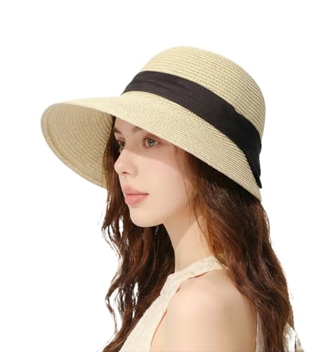 Women's Sun Straw Hats Summer Wide Brim Beach Hat UPF 80+ Travel Vacation Accessories Packable Foldable Cap - color: Beige