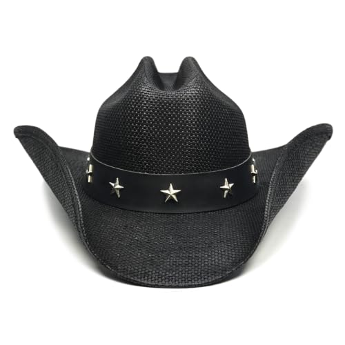 FLUFFY SENSE. Cowboy Hat for Women and Men - Straw Cattleman Crease Western Hats with Upgrade 4 inches Shapeable Wide Brim - color: Black