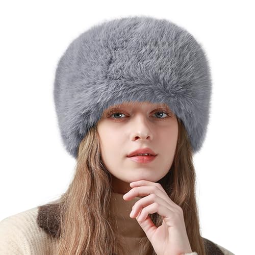 Peicees Winter Faux Fur Hat for Women Russian Style Ladies Ushanka Warm Fluffy Bucket Hat Fuzzy Furry Cap - color: Grey