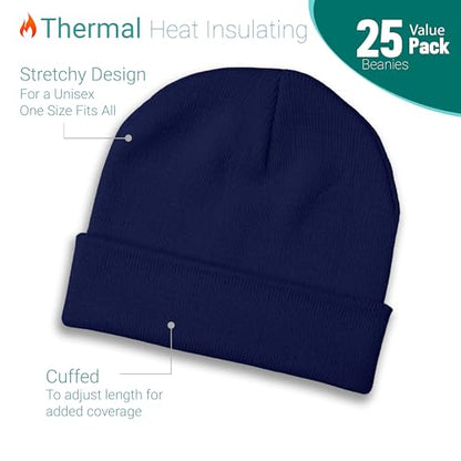 25 Pack Winter Beanie Hats, Unisex Thermal Toboggan Cold Weather Cuffed Caps Bulk Bundle - color: Assorted Neon