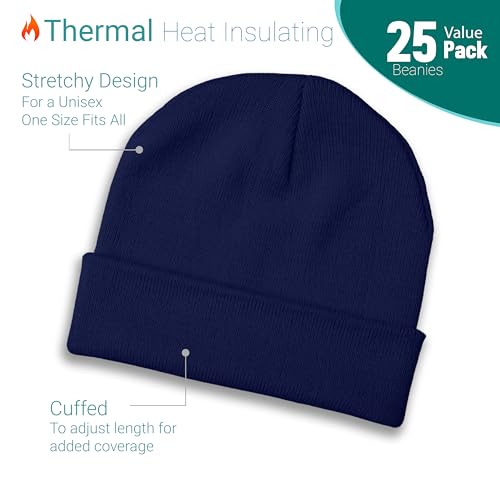 25 Pack Winter Beanie Hats, Unisex Thermal Toboggan Cold Weather Cuffed Caps Bulk Bundle - color: Assorted Colors