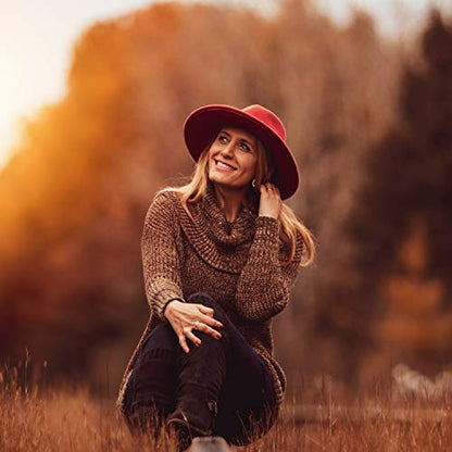 DRESHOW Women Classic Felt Fedora Wide Brim Floppy with Belt Buckle Panama Hat - color: 1 Pack: Felt Fedora Wine Red