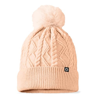 DALIX Cable Knit Pom Beanie Soft Stretch Skully Warm Fuzzy Faux Sherpa Winter Ski Beanie - color: Peach
