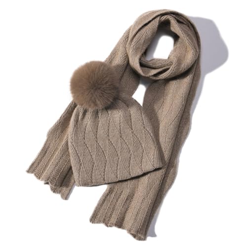 Knit Hat Scarf Set with Detachable Pom Pom, Wool Blend Winter Beanie & Long Scarf, Cold Weather Accessories for Women - color: Beige
