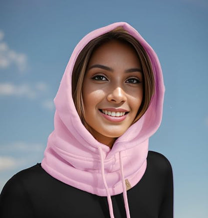 Unisex Sporty Snood Hat with drawstring Hood Scarf Neck Warmer Winter Balaclava Hood - color: Pink
