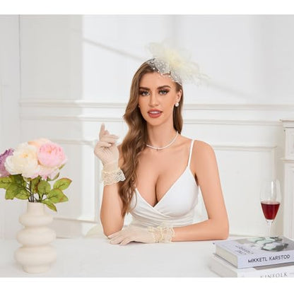 GurZinn Fascinator Hat Veil Feather Fascinator Tea Party Bridal Wedding Veil Pillbox Hat - color: C-white Hat&glove