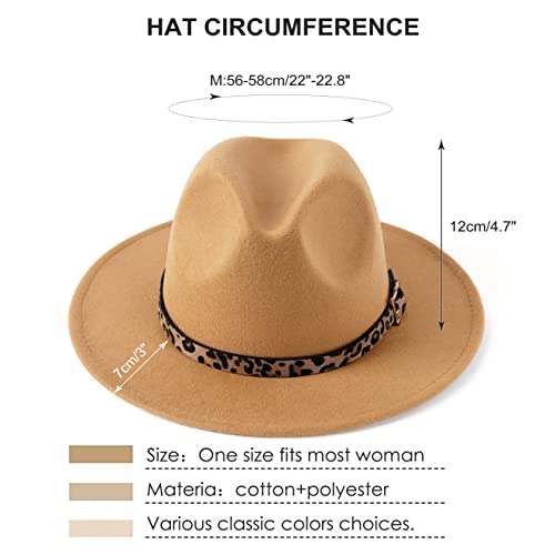 Women's Wide Brim Felt Fedora Panama Hat with Leopard - color: Y-camel & Leopard