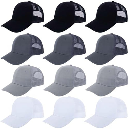 ZH 12 Pack Mesh Trucker Hats, Bulk Baseball Caps for Men and Women, Trucker Cap Wholesale - color: Black/White/Light Gray/Dark Gray
