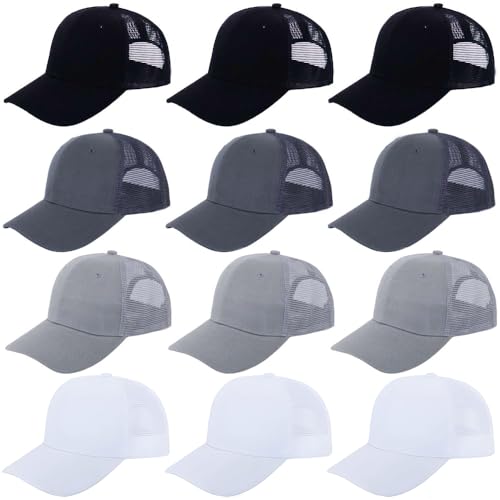 ZH 12 Pack Mesh Trucker Hats, Bulk Baseball Caps for Men and Women, Trucker Cap Wholesale - color: Black/White/Light Gray/Dark Gray