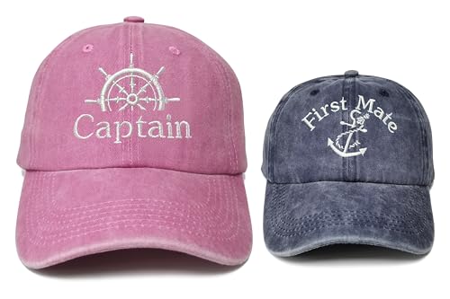 Embroidered Captain & First Mate Baseball Caps Set for Men Women - color: Captain (Pink) - Toddler First Mate (Navy)