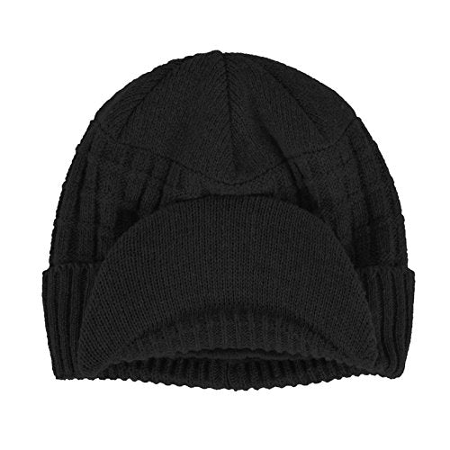 Original One Winter Wool Knitted Chunky Visor Beanie Hat with Brim Fur Lined Peaked Ski Cap - color: Black