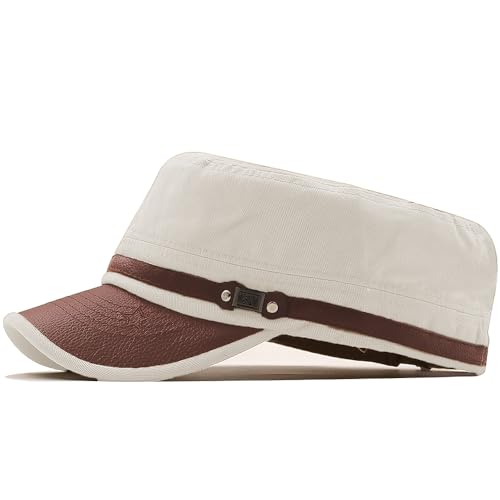 Cadet Army Cap for Men Women Military Adjustable Unisex Flat Top Hat - color: White