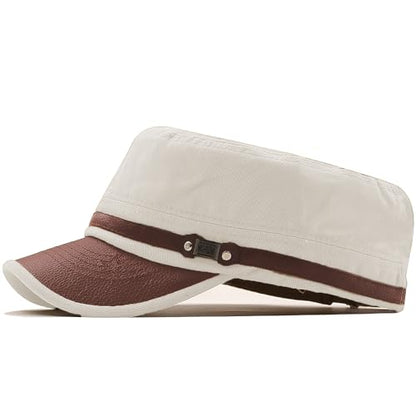 Cadet Army Cap for Men Women Military Adjustable Unisex Flat Top Hat - color: White