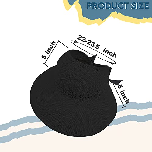 Straw Sun Visor for Women, Wide Brim UPF 50+ Protection Beach Hat, Adjustable, Roll Up Foldable Ponytail Cap with Chin Strap - color: A Black