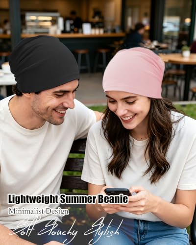 ROYBENS 100% Cotton Thin Slouchy Beanie Hat Women Men Lightweight Chemo Cap - color: 2pcs Pink+purple