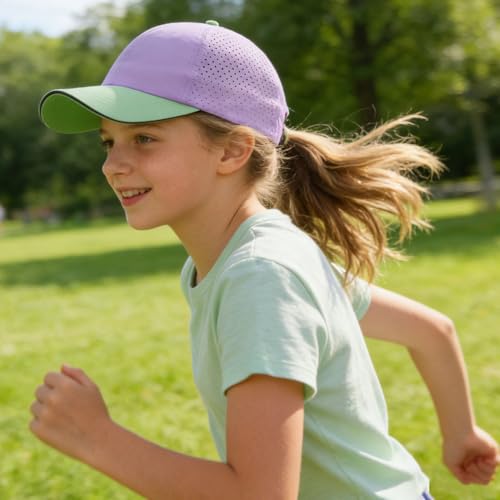 Girls Criss Cross Ponytail Hat Mesh Baseball Cap Kids Quick Dry Ponycap Hats Outdoor Summer Sports Hat Age 7-12 - color: Purple 01