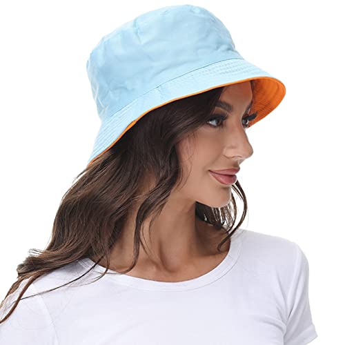 Women Reversible Bucket Hat, Summer Sun Hat for Women - color: Skyblue- Orange