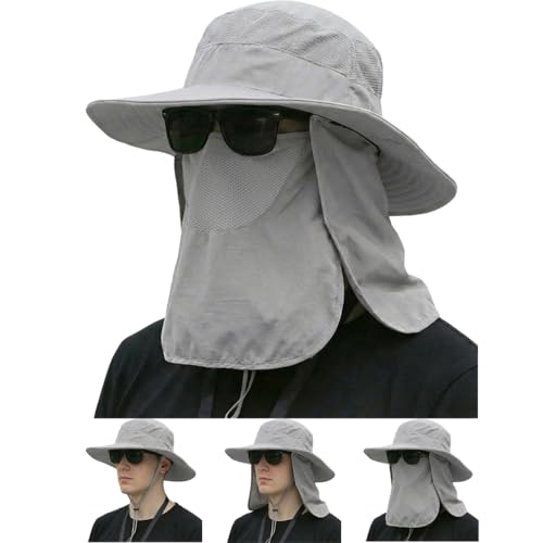 Sun Hat Bucket Hats for Men Women,Outdoor Wide Brim Fishing Hat with Detachable Face Cover & Neck Flap UV Protection - color: Lightgrey-1