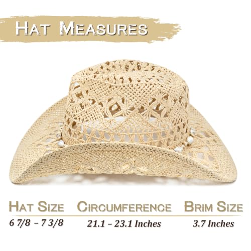 Keilin Cowboy Hats for Women and Men - Straw Teardrop Western Cowgirl Cowboy Sun Hat for Teens and Adults - color: Beige Braided Sea Shell