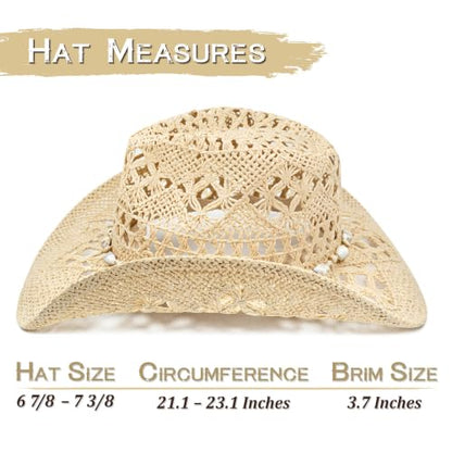 Keilin Cowboy Hats for Women and Men - Straw Teardrop Western Cowgirl Cowboy Sun Hat for Teens and Adults - color: Beige Braided Sea Shell