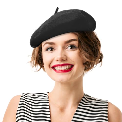 French Beret Hats for Women - Soft Warm Wool Solid Color Beanie Winter Cap - color: Black