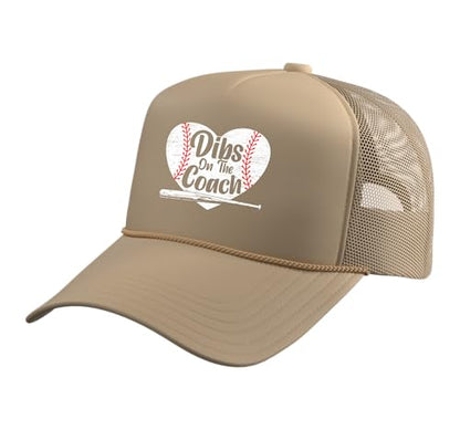 Dibs On The Coach Baseball Player Sport Lover Bat and Ball Trucker Hat with Adjustable Mesh Back - color: Khaki