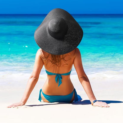 DRESHOW Big Straw Sun Hats for Women Floppy Foldable Roll up Beach Cap Sun Hat UPF 50+ Vacation Honeymoon Embroidered Hat - color: Medium Size: Black / Brim 5.5" (Head Circumference 22-22.8")