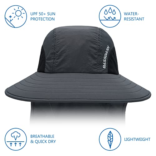 BASSDASH UPF 50+ Unisex Water Resistant Wide Brim Sun Hat with Large Neck Flap Ponytail Fishing Hat for Men Women - color: Dark Grey