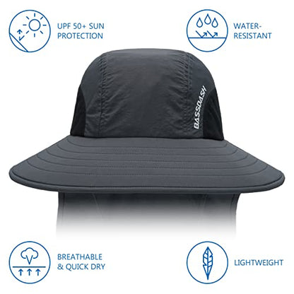 BASSDASH UPF 50+ Unisex Water Resistant Wide Brim Sun Hat with Large Neck Flap Ponytail Fishing Hat for Men Women - color: Dark Grey