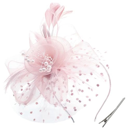 WLBON Fascinators Hat 20s 50s Headband Hair Clips Flower Mesh Veil Feather Headpiece Headwear Women Halloween Carnival Cocktail Wedding Church Cosplay Dress Up Birthday Tea Party Accessories Pink - color: Light Pink