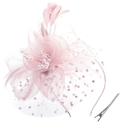 WLBON Fascinators Hat 20s 50s Headband Hair Clips Flower Mesh Veil Feather Headpiece Headwear Women Halloween Carnival Cocktail Wedding Church Cosplay Dress Up Birthday Tea Party Accessories Pink - color: Light Pink